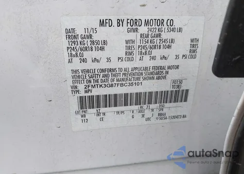 2015 Ford Edge Se from USA, damaged, VIN 2FMTK3G87FBC35101